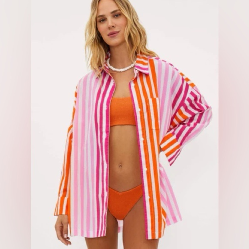 Beach Riot Women's Alexa Swim Coverup‎ Sunset Pink Striped Button Front- Size L